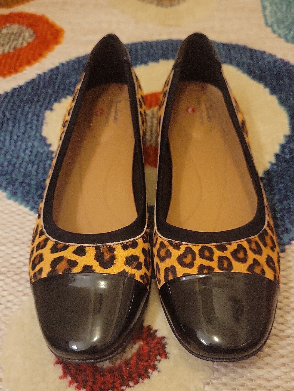 Clarks Leopard Print Flats with Black Patent Cap Toe
